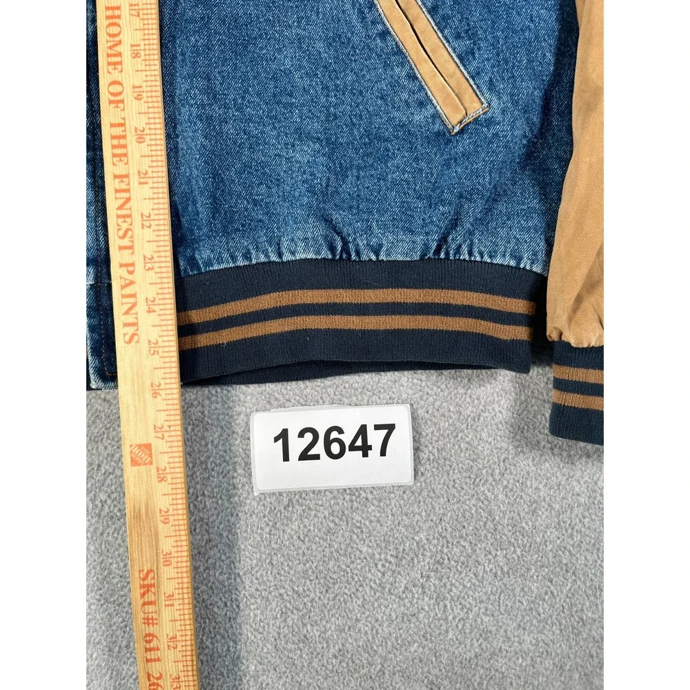 Dunbrooke Varsity Jacket Mens XL Blue Denim Tan Canvas Good Wolfe's Embroidered